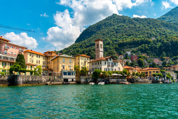 Italy, Lake Como, Torno. View of the pier and buildings
