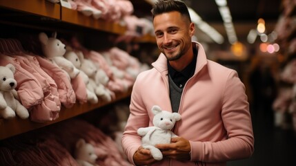 smiling happy young man holding toy soft bear in toy store. 
