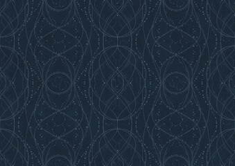 Hand-drawn unique abstract symmetrical seamless ornament. Light blue on a deep blue background. Paper texture. Digital artwork, A4. (pattern: p10-2b)