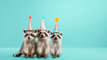 Fototapeta na wymiar smiling funny raccoon happy birthday party congratulations desktop wallpaper cute