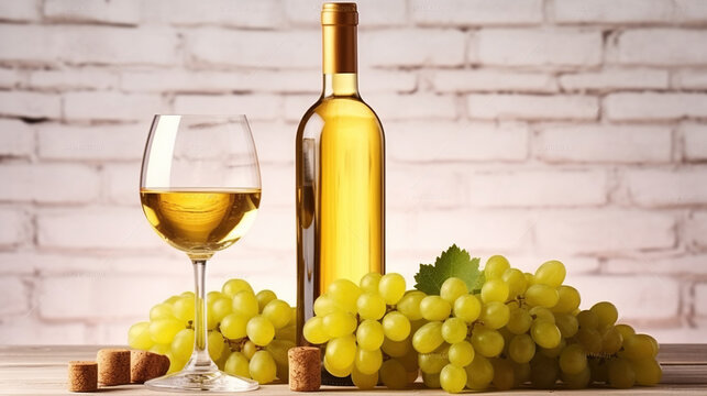 Vintage bottle of white wine without label with glasses and bunch of grapes on wooden table, lofty white brick wall background. Generative AI