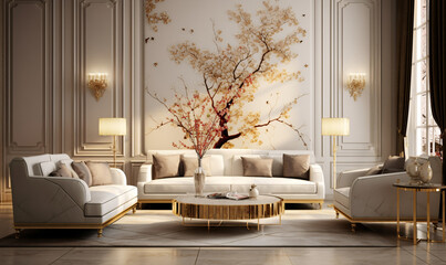 Traditional interior design for a modern living room featuring an elegant sofa, artwork, table, and stylish decor