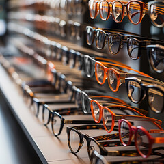 Glasses on display in an optical store. sale of frames for glasses and sunglasses.