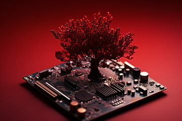  small tree on computer circuit red background