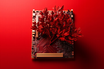  small tree on computer circuit red background