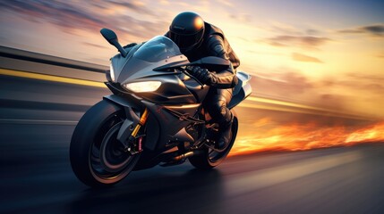 Beautiful Asian motorcyclist riding a big motorcycle and helmet. The sun is setting.