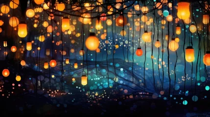 Foto op Plexiglas colorful lanterns and string lights at night on blurred © panu101