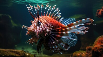 Naklejka na ściany i meble Gracefully gliding through the crystal-clear waters, a striking red lionfish showcases its vibrant colors and elegant,