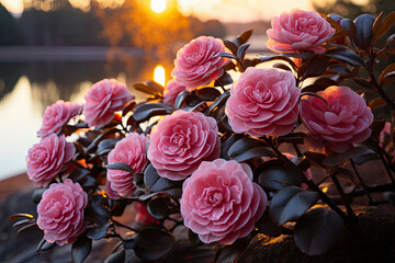 Pink red camellia flowers in sunset garden, spring nature landscape background  - obrazy, fototapety, plakaty