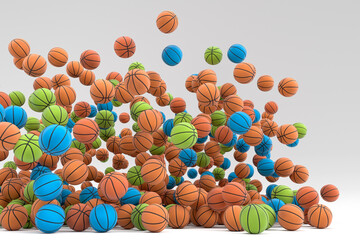 Many of flying multicolor basketball ball falling on white background