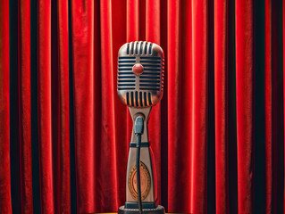 Old microphone on stage with red velvet curtain background created with Generative AI technology