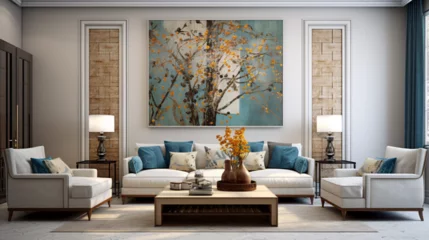 Fotobehang Traditional interior design for a modern living room featuring an elegant sofa, artwork, table, and stylish decor © Taha