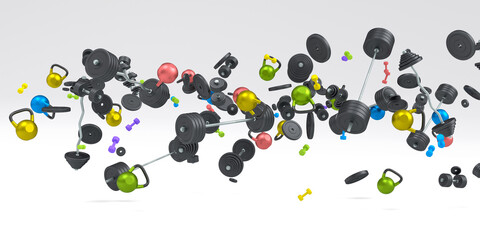 Flying and folling sport equipment like kettlebell barbell and dumbbell on white