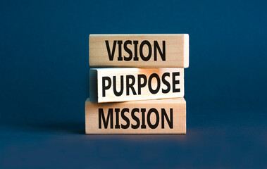 Vision purpose mission symbol. Concept word Vision Purpose Mission on beautiful block. Beautiful grey table grey background. Business motivational vision purpose mission concept. Copy space.