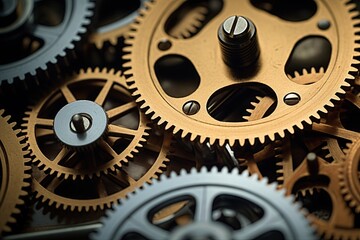 Clock mechanism with gears and cogs. Closeup macro shot. Generative Ai