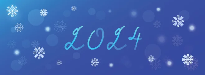Fotobehang Gradient hand drawn numbers 2024. Typography on a blue background with a winter landscape with snowflakes, lights, stars. Merry Christmas card. Vector illustration © Katrin_the_artist