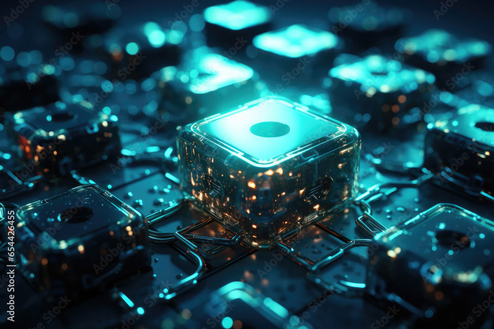 Poster a concept of blockchain technology, highlighting its role in secure transactions and data management