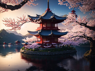 Chinese pagoda on the river bank surrounded by cherry blossoms - AI Generative