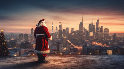 Rear view, Santa Claus looking at the city, generative ai