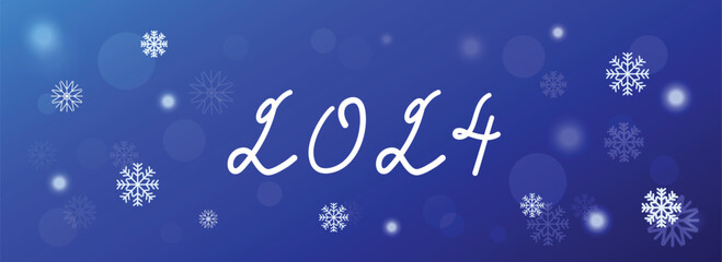 White hand drawn numbers 2024. Typography on a blue background with a winter landscape with snowflakes, lights, stars. Merry Christmas card. Vector illustration