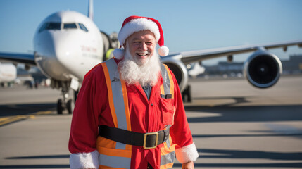 Generative AI, cheerful Santa Claus smiling against the background of a large passenger plane on the runway at the airport, new year, birth, holiday travel, air transport, fairy-tale character, winter