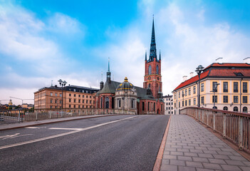 City street at Riddarholmen church in Stockholm, Sweden.