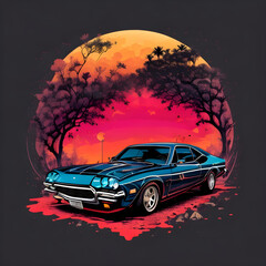 Fototapeta na wymiar graphic design t-shirt, flat design , car, Miami street, colorful hues, highly detailed clean, vector image, photorealistic masterpiece, professional photography, realistic car, simple sunrise. 