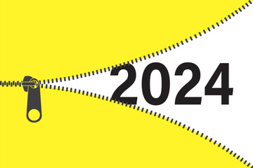 Opening zipper and happy new 2024 year coming soon. Cartoon yellow and black banner, template with place for text. New year idea concept. Clothing zipper and xmas signs. © naum