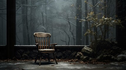 A chair standing in front of the window of an old wooden house in a deserted forest.