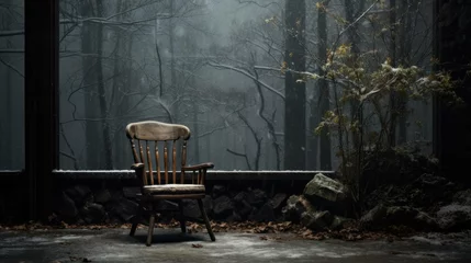 Room darkening curtains Old door A chair standing in front of the window of an old wooden house in a deserted forest.