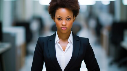 Businesswoman with glasses wearing black suit.