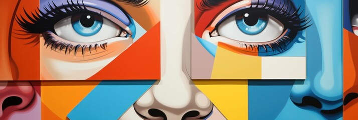 A colorful painting of a female face with geometric.