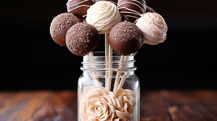 Sweet Bouquet. Cake Pops in Chocolate Cream in jar on a Rustic Wooden Background. Generative AI