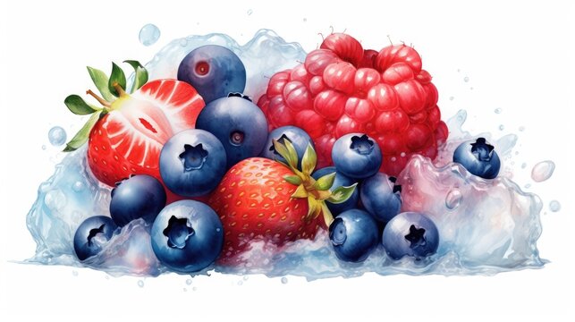 Strawberries raspberries blackberries blueberries in a watercolor style on a white isolated background
