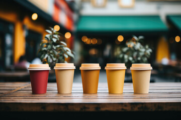 row of coffee in bright colored paper cups on a wooden table of an outdoor cafe