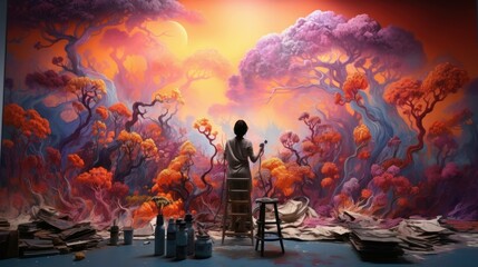 A room with artistic drawings painted on the walls with colorful paints. - obrazy, fototapety, plakaty