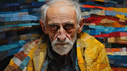 Patchwork colorful collage portrait of a old man.