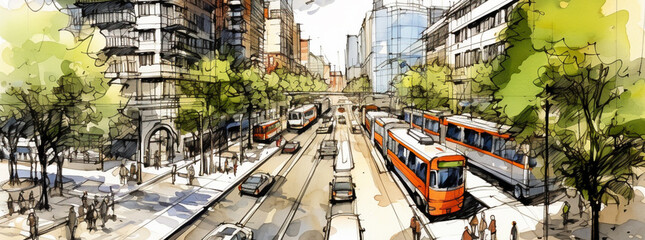 Urban planning sketch highlighting sustainable elements like green spaces, public transportation, and pedestrian zones