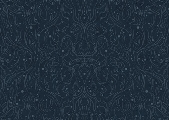 Hand-drawn unique abstract symmetrical seamless ornament. Light blue on a deep blue background. Paper texture. Digital artwork, A4. (pattern: p11-2a)