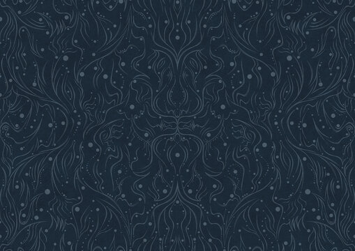 Hand-drawn unique abstract symmetrical seamless ornament. Light blue on a deep blue background. Paper texture. Digital artwork, A4. (pattern: p11-2a)