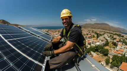 Installation specialist installing solar panels on the roof.