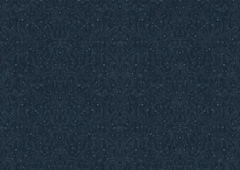 Fototapeta premium Hand-drawn unique abstract symmetrical seamless ornament. Light blue on a deep blue background. Paper texture. Digital artwork, A4. (pattern: p11-2b)