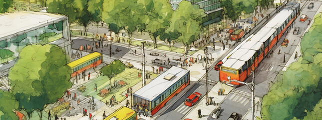 Urban planning sketch highlighting sustainable elements like green spaces, public transportation, and pedestrian zones - obrazy, fototapety, plakaty