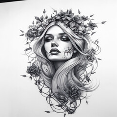Black tattoo woman Creative tattoos Drawing for a tattoo on isolated light background