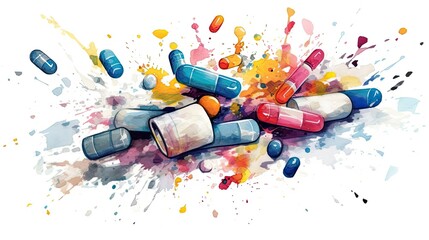 colored capsules.  vitamin supplements.  watercolor