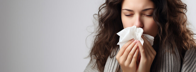 Sick, tissue and portrait of woman blowing nose in studio with flu, illness and virus on white background. Health, wellness and face of male person with hayfever, cold symptoms and sneeze for allergy - obrazy, fototapety, plakaty