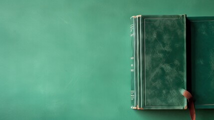 green book on a wooden green table - obrazy, fototapety, plakaty