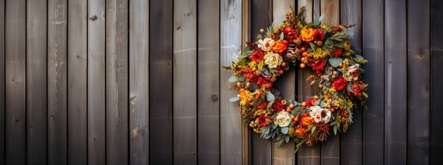 Fototapeta na wymiar Farmhouse Wreath Decoration on wooden wall, door. Farmhouse Style Home Welcome Wreath for Happy Holidays