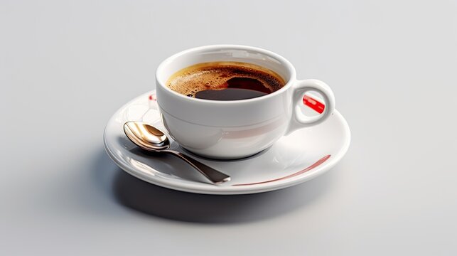 cup of coffee on white background. A white cup of coffee stands on a saucer