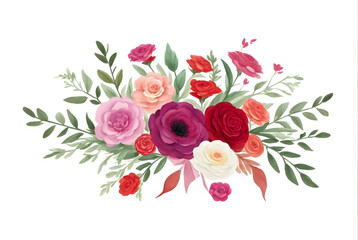 Floral bouquet red purple pink scarlett fall watercolor flowers on transparent background